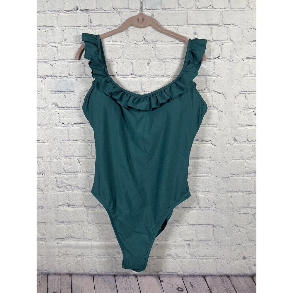 J CREW GREEN RUFFLE ONE PIECE SWIMSUIT SZ 14 EUC BATHING SUIT